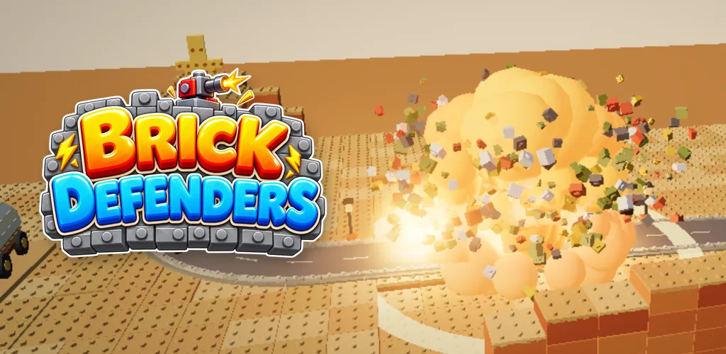 Brick Defenders logo with towers and a brick vehicle exploding in the desert