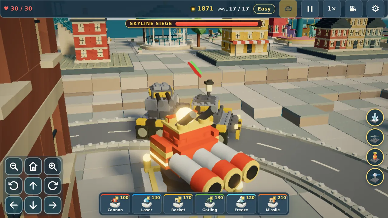 Brick Defenders gameplay: towers defend a city road against a big brick boss vehicle