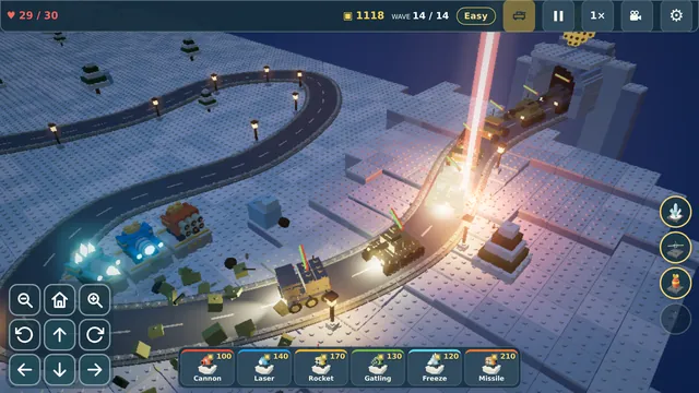 An orbital laser strikes the snowy road while towers fire from both sides