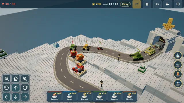 Upgraded towers fire into a long convoy of brick vehicles crossing a snowfield