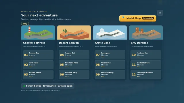 The campaign map showing four lands: Coastal Fortress, Desert Canyon, Arctic Base and City Defence, each with three levels